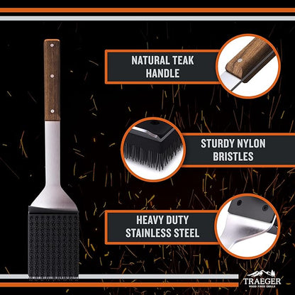 Traeger Grills BAC537 BBQ Cleaning Brush for Outdoor Grill – Stainless Steel Grill Scraper with Nylon Bristles, Teak Wood Handle, Dual Grip Design, and Hanging Loop