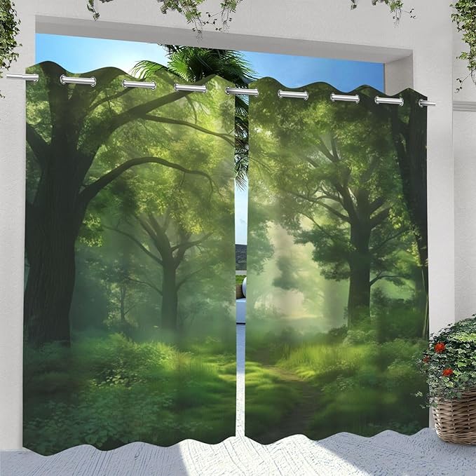Forest Theme Waterproof Indoor/Outdoor Curtains,Dawn Trees Jungle Pattern,UV and Fade Resistant Outside Curtains for Gazebo, Front Porch, Pergola,2 Panel,54 x 96 inch,Green