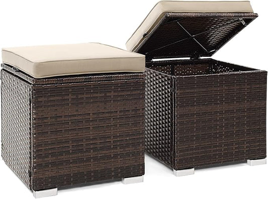 Tangkula 2 Pieces Patio Ottomans, Patiojoy Hand-Woven PE Rattan Side Table with Removable Cushion & Hidden Storage Space, Multifunctional Storage Box, Seat for Patio, Backyard, Poolside (Beige)