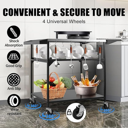 Outdoor Pizza Oven Table,Three-Shelf Outdoor Table with Waterproof Cover, Pizza Oven Stand Tables with Wheels, Movable Outdoor Grill Food Prep Heavy Duty Grill Cart