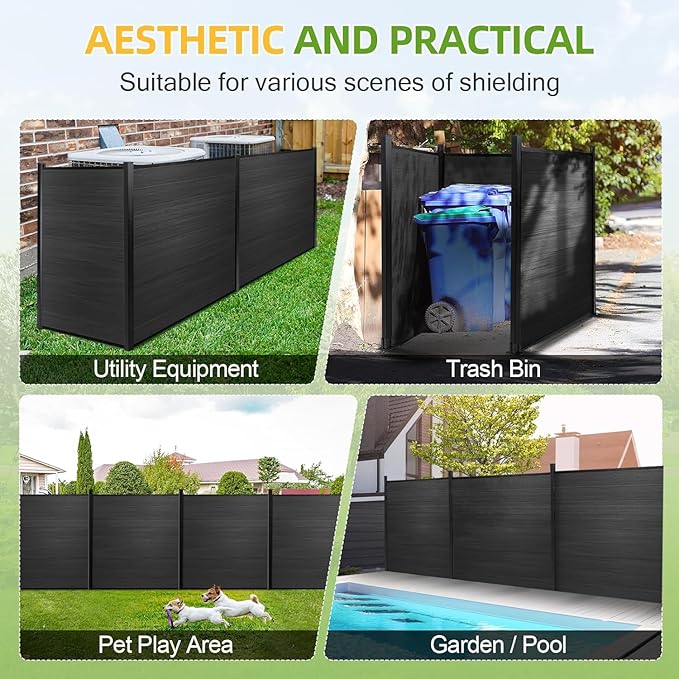 Mondaria Fence Privacy Screen with 8ft In-ground Posts, 6ft(H) x 6ft(W) Wood Plastic Composite Fence Panels Weather-Resistant Outdoor Fence for Backyard/Garden (Black, 2 Posts)