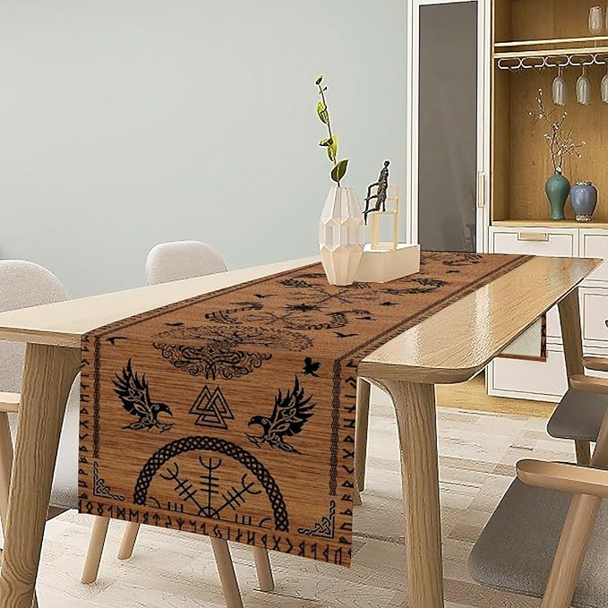 Viking Table Runners, Viking Tree of Life Raven Helmet of Awe Wood Print Table Runner for Home Kitchen Coffee Dining Room Bedroom Party 13x108in