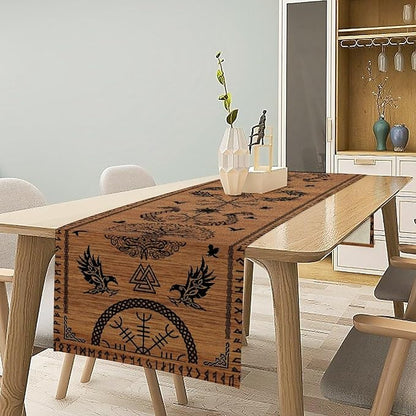 Viking Table Runners, Viking Tree of Life Raven Helmet of Awe Wood Print Table Runner for Home Kitchen Coffee Dining Room Bedroom Party 13x120in