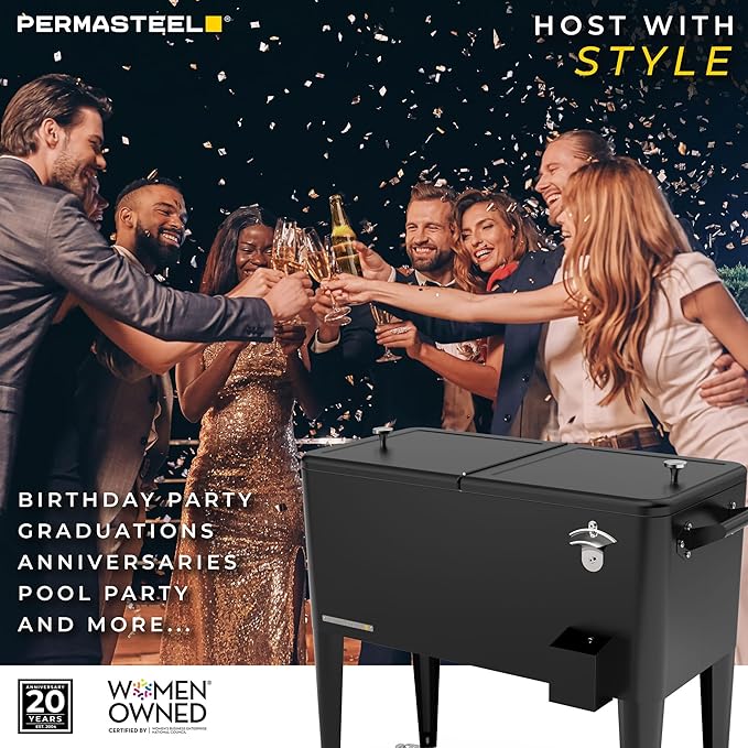 Permasteel 80 Quart Party Cooler, Rolling Ice Chest with Wheels and Handles for Indoor Outdoor Patio