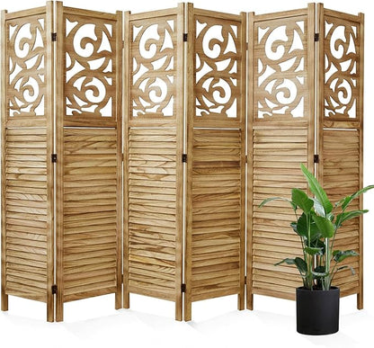 Room Divider Wood Carved Wall Divider Indoor Folding Portable Partition Screen for Home Office Garden Terrace - 6 Panel, 67 * 90inch (Wood)