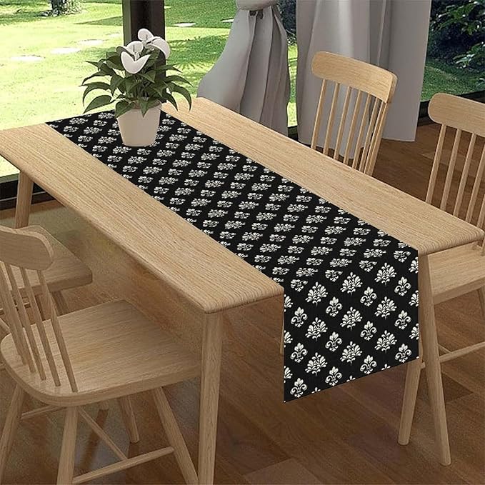 Damask Table Runner, Antique Gothic Black Floral Boho Flower Pattern Rustic Vintage Retro Coffee Table Center Decor for Kitchen and Dining Outdoor Home Country Party Table Decorations, 13"x108"