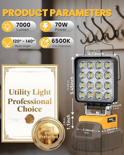Ecarke 2 PCS Cordless LED Work Light Compatible with DeWALT 20V: 70W 7000LM Flashlight with USB & Type-C Charging Output Port, Portable Battery Flood Light for Job Site, Camping, Battery Not Included
