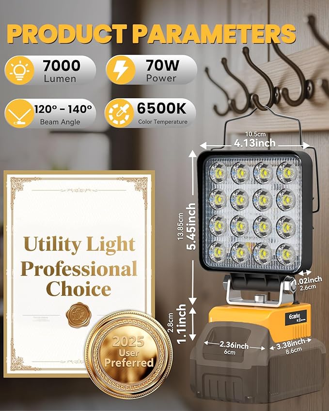 Ecarke LED Work Light Compatible with DeWALT Battery, 70W Lighting with 2Ah Battery, Portable with USB & Type C Charging Port, Cordless LED Work Light for Job Site & Outdoor