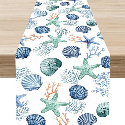 Nautical Table Runner, Summer Sea Coastal Starfish Seashells Coral Tropical Ocean Beach Blue Farmhouse Coffee Table Center Decor for Home Kitchen Dining Patio Indoor Outdoor Table Decorations, 13"x36"