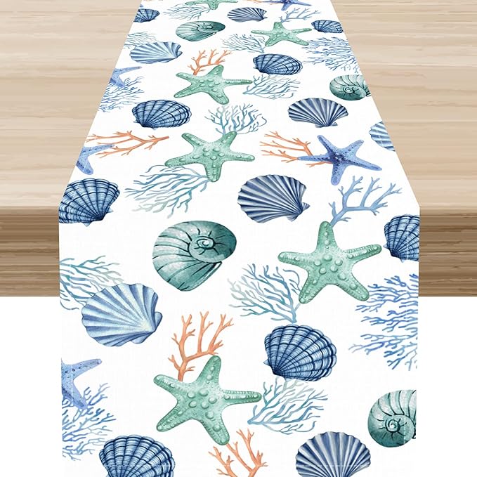 Nautical Table Runner, Summer Sea Coastal Starfish Seashells Coral Tropical Ocean Beach Blue Farmhouse Coffee Table Center Decor for Home Kitchen Dining Patio Indoor Outdoor Table Decorations, 13"x72"