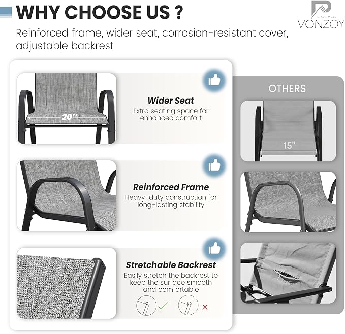 Patio Chairs Set of 6, Stackable Dining Chairs High Back, Breathable Seat - Image 7