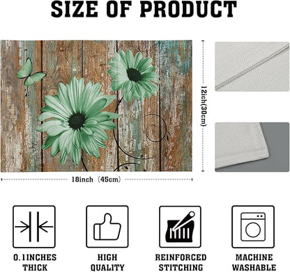 Giwawa Rustic Daisy Placemats Set of 4- Green Sunflowers on Vintage Wood Board Linen Place Mat- Farmhouse Wooden Non Slip Heat Resistant Table Mats for Dining Kitchen Cabin Lodge Decor
