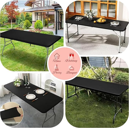 6 Pack Stretch Fabric Table Top Cap Cover, fits 8Ft Tables, Spandex Table Covers Washable Elastic Universal Rectangle Tablecloth Protector for Indoor Outdoor Party Picnic Wedding, Black, 30" W x 96" L