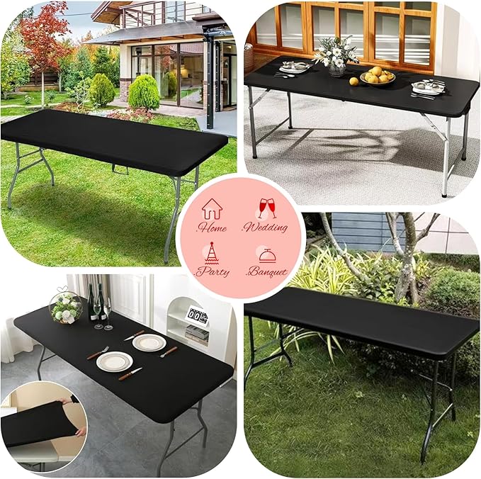 10 Pack Stretch Fabric Table Top Cap Cover, fits 6Ft Tables, Spandex Table Covers Washable Elastic Universal Rectangle Tablecloth Protector for Indoor Outdoor Party Picnic Wedding, Black,30" W x 72" L