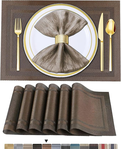 BETEAM Placemats Set of 6, Woven Vinyl Placemat for Dining Table Washable Wipeable Kitchen Place Mats Durable Indoor Outdoor Table Mats