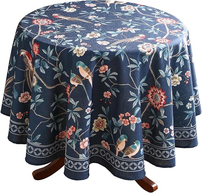 patdrea Designer Dark Blue Linen Round Tablecloth,Vintage Navy French Floral and Birds Pattern Table Cloth,Decoration Table Cover for Kitchen,Dining,Tea Party,Home,Christmas,Diameter 67"