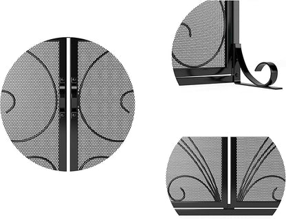 Flat Fireplace Screen with Doors,Solid Wrought Iron Frame with Metal Mesh, Flat Panel Decorative Fireplace Screen with Scroll Design, Free Standing Spark Guard