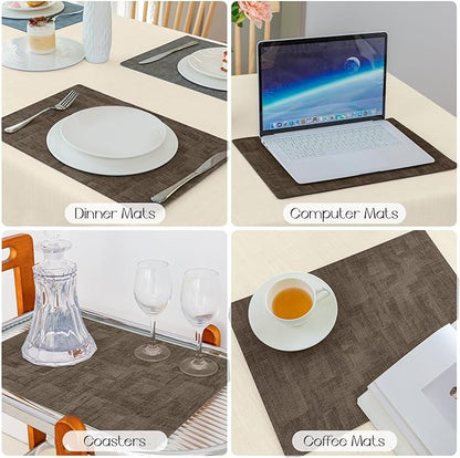 Romanstile Reversible Vinyl Placemats Set of 4, Faux Leather 100% Waterproof Oil-Proof Wipeable Place Mats, Heat Resistant Dual Sided Table Mats for Kitchen/Dining/Party (Grey Brown, 12 x 17 Inch)