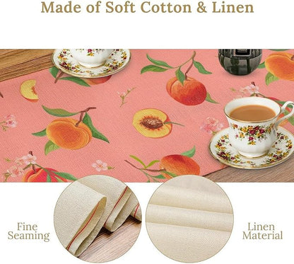 Pink Cute Peach Table Runner, Colorful Summer Fruit Floral Table Runner for Kitchen Dining Party Holiday Home 13x108in