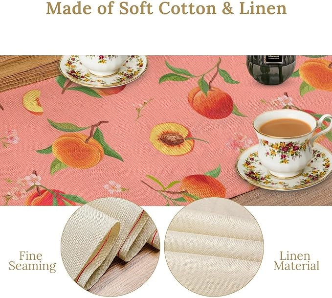 Pink Cute Peach Table Runner, Colorful Summer Fruit Floral Table Runner for Kitchen Dining Party Holiday Home 13x36in