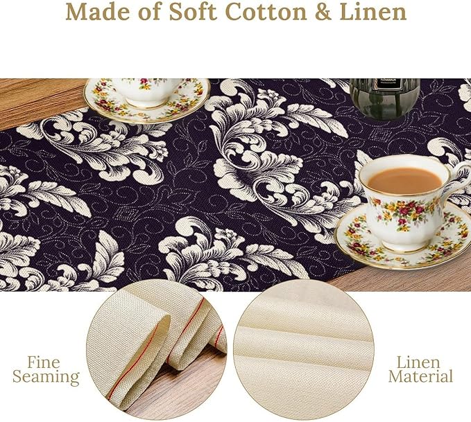 Gothic Table Runner, Antique Retro Damask Floral Bohemian Boho Purple Rustic Vintage Coffee Table Center Decor for Kitchen and Dining Outdoor Home Country Party Table Decorations, 13"x90"