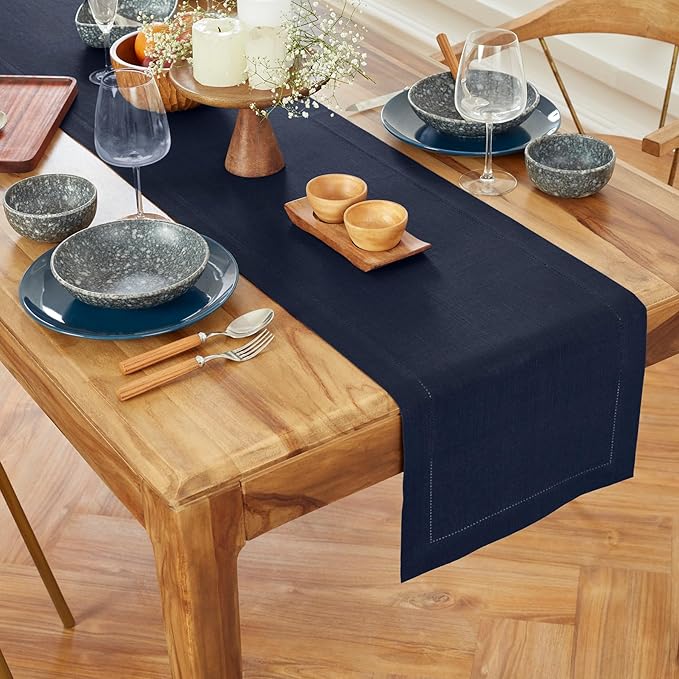 Solino Home Linen Navy Blue Table Runner 72 Inches Long - 100% Pure Linen Medium Weight Hemstitch Table Runner 14 x 72 Inch for Dresser, Dining, Winter