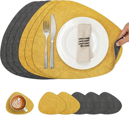 Placemats and Coasters, Washable Reversible Placemats Round Faux Leather Wipeable Place Mats Non Slip Heat Resistant Indoor Outdoor Table Mats (Set of 6, Gray Yellow)