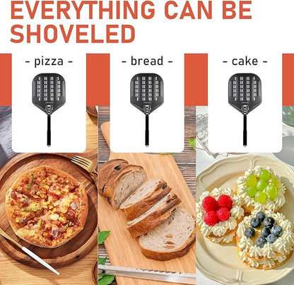 Perforated Pizza Peels 6 INCH pizza spatula paddle Long Handle Metal Pizza Spatula for Indoor and Outdoor (12 Inch Black)