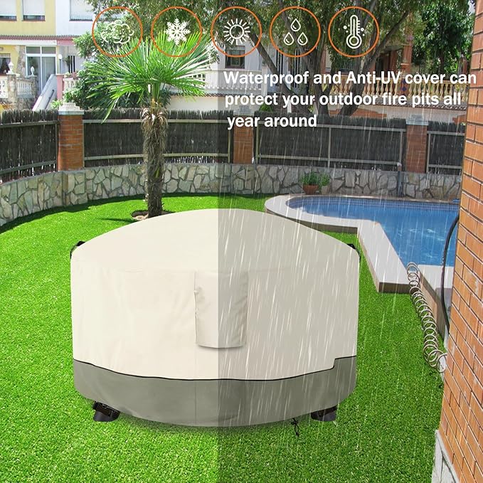 Fire Pit Cover,Outdoor Heavy Duty 600D 100% Waterproof Fire Pit Cover Round,Weatherproof Firepit Covers Round 48" Dia x 24" H,Beige