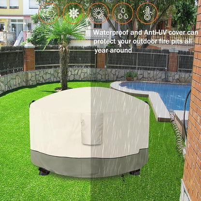 Fire Pit Cover,Outdoor Heavy Duty 600D 100% Waterproof Fire Pit Cover Round,Weatherproof Firepit Covers Round 48" Dia x 24" H,Beige