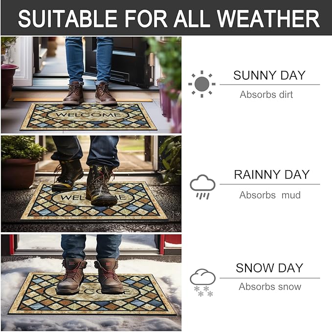 CHICHIC Welcome Door Mat 24x 36 Inch Front Doormat Outdoors for Home Entrance Outdoors Mat for Outside Entry Way Doormat Entry Rugs, Heavy Duty Non Slip Rubber Back Low Profile,Blue Welcome