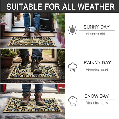 CHICHIC Welcome Door Mat 24x 36 Inch Front Doormat Outdoors for Home Entrance Outdoors Mat for Outside Entry Way Doormat Entry Rugs, Heavy Duty Non Slip Rubber Back Low Profile,Blue Welcome