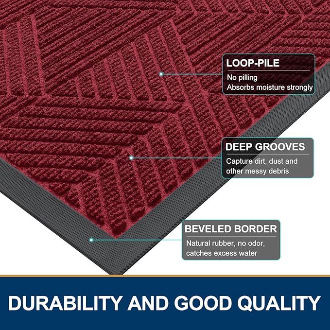 Smiry Front Door Mat Outside Entrance, Heavy Duty Sturdy Natural Rubber Doormat, Trap Dirt and Moisture, Easy Clean Low Profile Mats for Indoor Outdoor Entry, Irregular Triangle (36x24, Wine Red)
