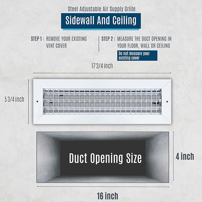 Fits 16x4 Duct Opening Steel Adjustable Air Supply Grille by Handua | Register Vent Cover Grill for Sidewall and Ceiling | White | Outer Dimensions: 17.75" X 5.75"