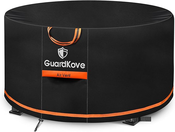 [Upgraded 1000D Heavy Duty Fabric] 48 Inch Fire Pit Cover Round for 46”- 48” Fire Pit/Tables, Waterproof Tear & Fade Resistant Firepit Cover with Buckle, Drawstring, Air Vent (48”D x 24”H, Black)