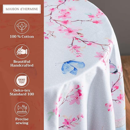 Maison d' Hermine Table Cloth Round Table 100% Cotton 63 Inches Tablecloth Reusable Decorative Everyday Use for Dining Room, Farmhouse, Home Party, Festive & Wedding Spring Summer - Blossoms In Spring