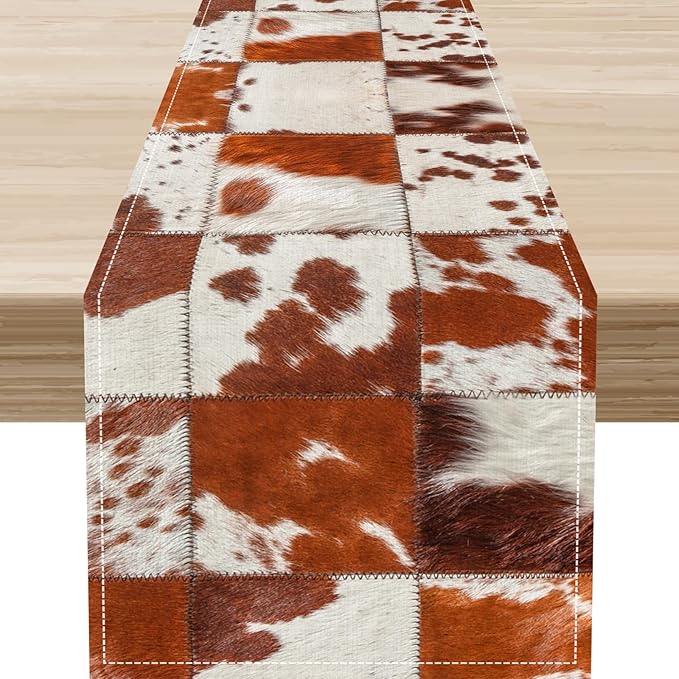 Cow Print Table Runner, Brown Cowhide Print Collage Fur Western Style Table Runner Country Farmhouse Cottage Cow Pattern Linen Table Decoration for Home Kitchen Dining 13x108