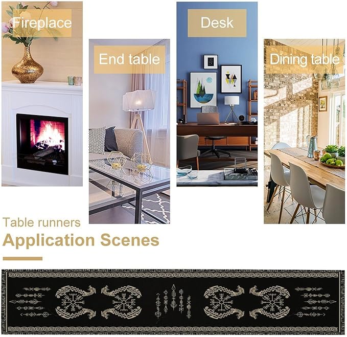 Viking Table Runner, Raven Ancient Rune Dragon Totem Norse Mystical Geometric Table Runner for Kitchen Dining Party Holiday Banquet 13x70in