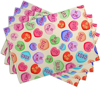 Valentine Pink Love Heart Candy Placemats Set of 4 Valentines Seasonal Table Mats Resistant Washable Dinner Mats for Outdoor Home Party Kitchen Dining 12x18 Inch