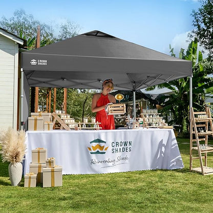 CROWN SHADES 12x12 Pop Up Canopy Tent Instant Commercial with 150D Silver Coated Fabric Including 1 Removable Sidewall, 4 Ropes, 8 Stakes, Weight Bags, STO 'N Go Bag, Grid Grey
