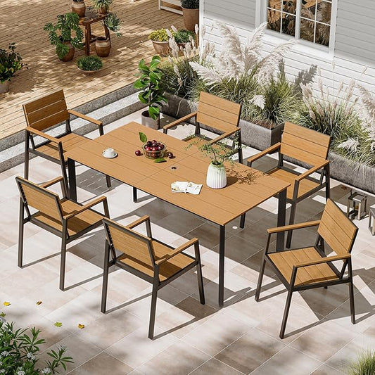 Patio Table and Chairs Set, 7 Piece Outdoor Dining Set with Umbrella Hole, HDPS + Aluminum Patio Furniture Set for Garden (Gray & Teak)