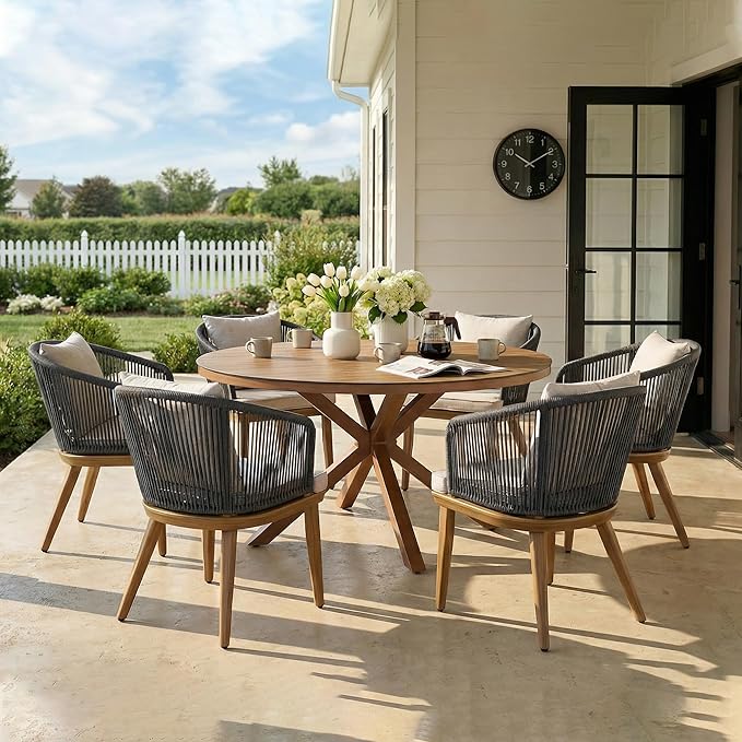 PURPLE LEAF 7 Pieces Patio Dining Set Wicker Outdoor Furniture Round Table and Chairs Set for Garden Deck Teak-Finish Aluminum Frame Backyard Kitchen Set, Cushions and Pillows Included