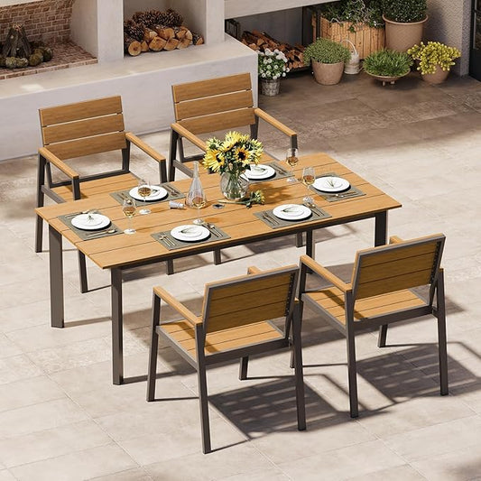Outdoor Dining Set for 4, Patio Table and Chairs Set with Umbrella Hole, 5 Pieces HDPS + Aluminum Outdoor Furniture Sets for Patio, Garden (Gray & Teak)