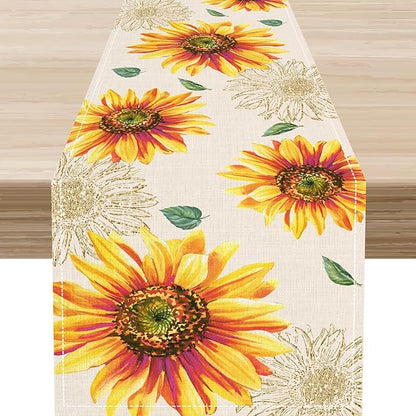 Summer Table Runner, Watercolor Yellow Floral Vase Spring Sunshine Farmhouse Rustic Coffee Table Center Decor for Home Kitchen Dining Patio Indoor Outdoor Table Decorations, 13"x108" Inch
