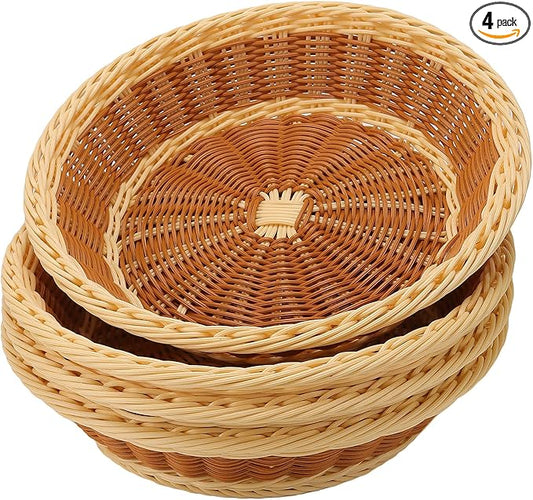 4 Pack Woven Bread Baskets, 11.5 Inch Round Imitation Rattan Basket Wicker Fruit Baskets, Woven Food Serving Basket for Family Party Kitchen Restaurant Outdoor, Brown & Beige