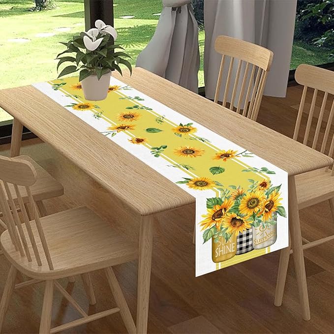 Sunflower Table Runner, Watercolor Yellow Floral Vase Spring Sunshine Summer Farmhouse Rustic Coffee Table Center Decor for Home Kitchen Dining Patio Indoor Outdoor Table Decorations, 13"x108" Inch