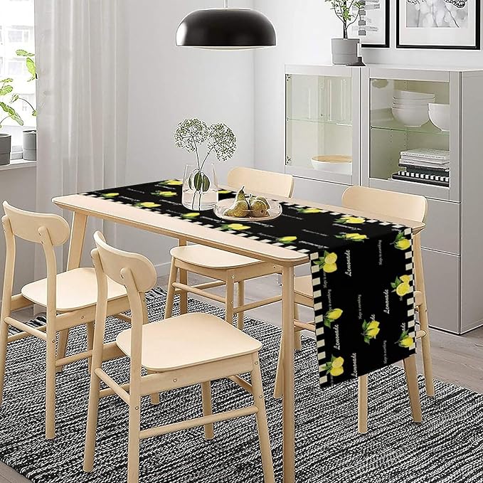 Lemon Table Runner,White Black Buffalo Plaid Watercolor Summer Fruit Print Table Runner for Kitchen Dining Table Indoor Outdoor Home Party Decor 13x36in
