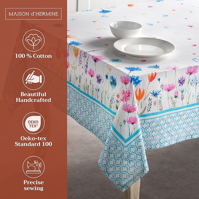 Maison d' Hermine Table Cloth Rectangle Table 100% Cotton 54 x 72 Inches Tablecloth Reusable Decorative for Dining Room, Farmhouse, Home, Party, Festive & Wedding Spring Summer - Flower in The Field