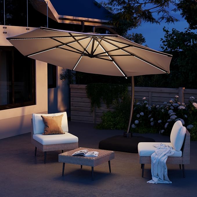11FT Solar Powered LED Light Cantilever Patio Umbrella by ENSTVER