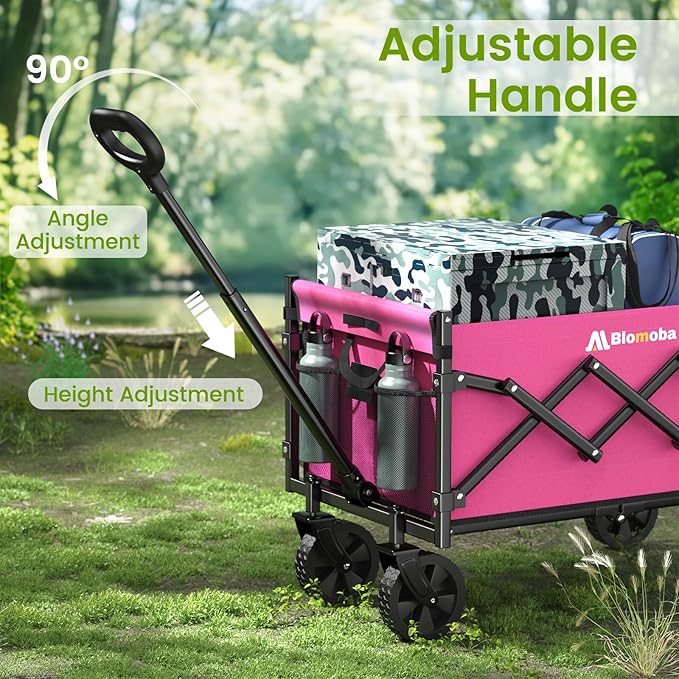 Collapsible Wagon with Wheels, 220 lbs Wagons Carts Foldable Wagon Cart with Flexible Handle, Lightweight Portable Folding Utility Grocery Shopping Cart for Grocery Sports Garden Camping, Pink